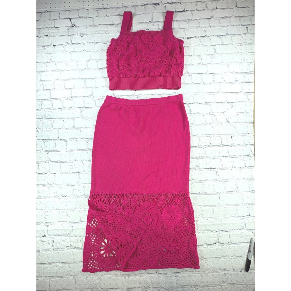 House of Harlow Crochet Set Womens Size M Pink 2 Piece Skirt Top